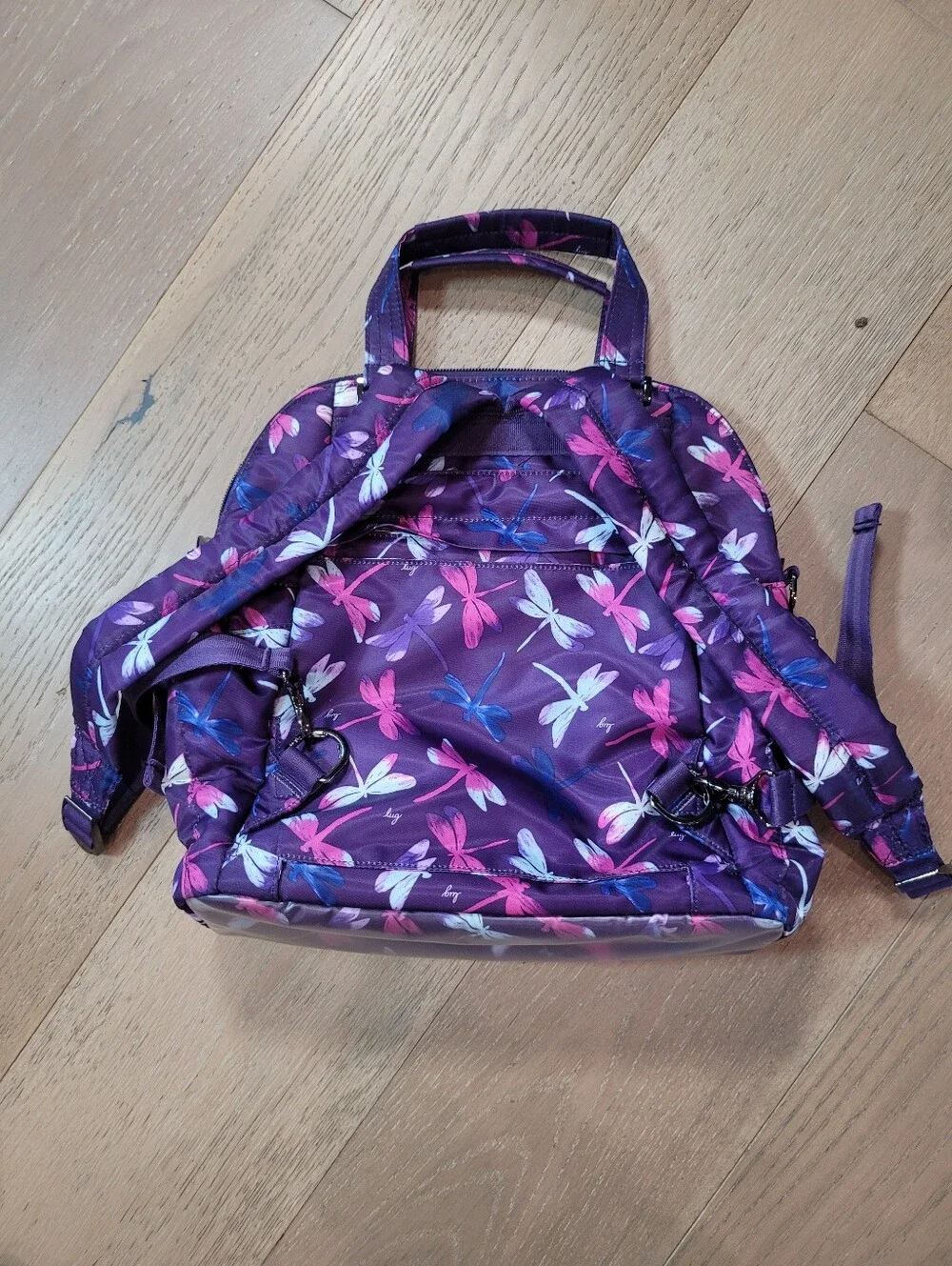 EUC lug Canter Convertible Tote Bag Women's Purple Dragonfly Crossbody Backpack